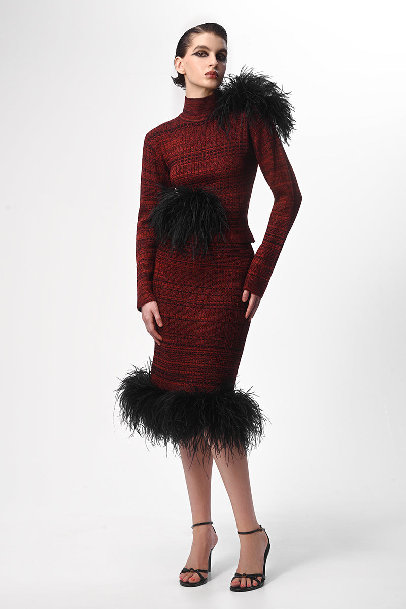 Lalo high neck sweater with multicolor feather details, showcasing a cozy knit design and vibrant feather accents.