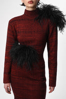 Lalo high neck sweater with multicolor feather details, showcasing a cozy, stylish sweater with feather accents on the collar.
