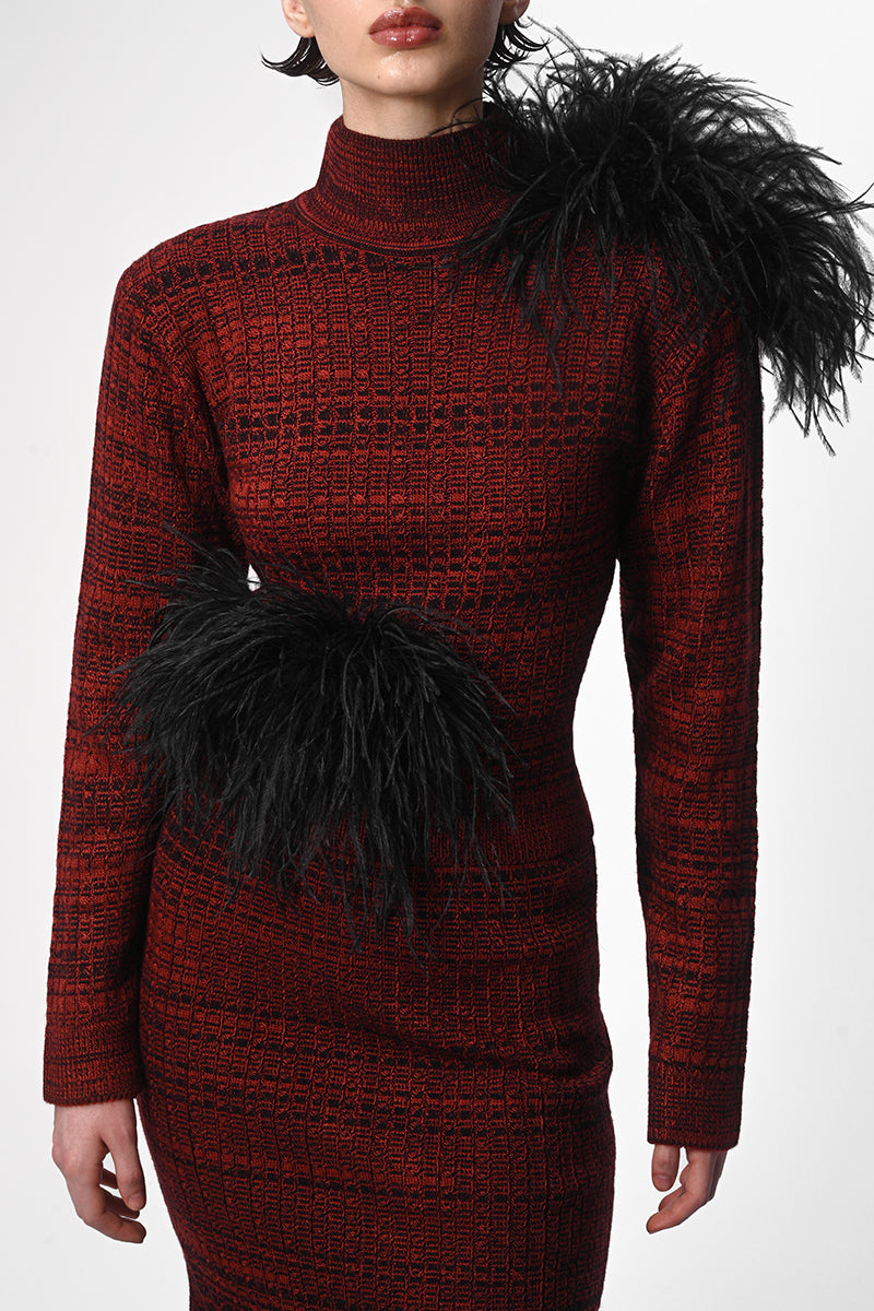 Lalo high neck sweater with multicolor feather details, showcasing a cozy, stylish sweater with feather accents on the collar.