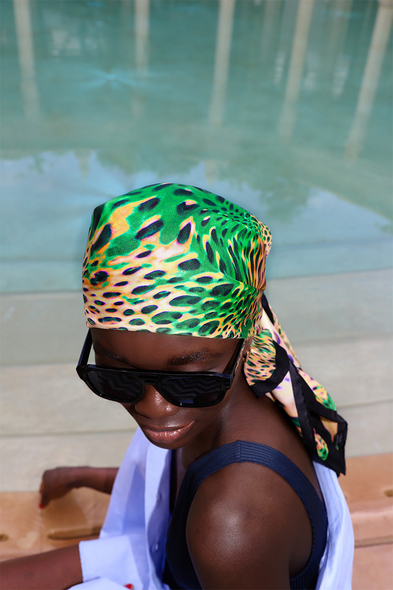 Silk scarf by Amel Batita featuring the Lamazon Moussard design, lightweight and stylish for summer wear.