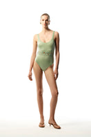 Maliluha La Merone Mint one-piece swimsuit displayed on a model, featuring a stylish cut and vibrant mint color.