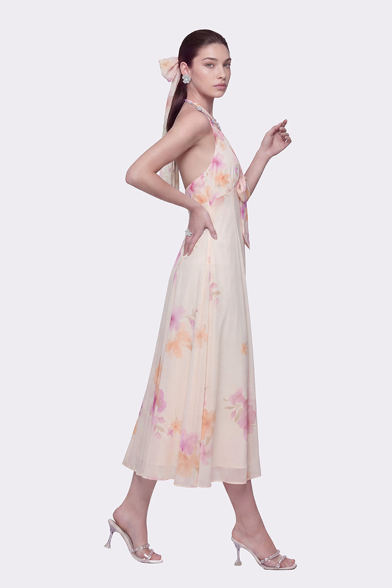 Beige floral Lana halter maxi dress by Nana Jacqueline featuring a flowy silhouette and elegant design.
