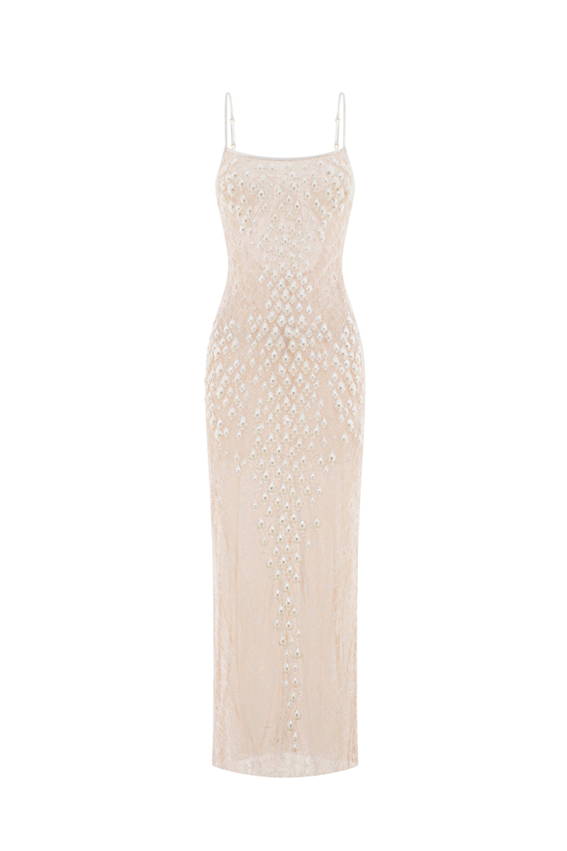 White POEM LARME midi dress with a fitted bodice and flowing skirt, displayed on a hanger against a neutral background.
