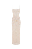 White POEM LARME midi dress displayed on a hanger, featuring a flowing silhouette and elegant design.