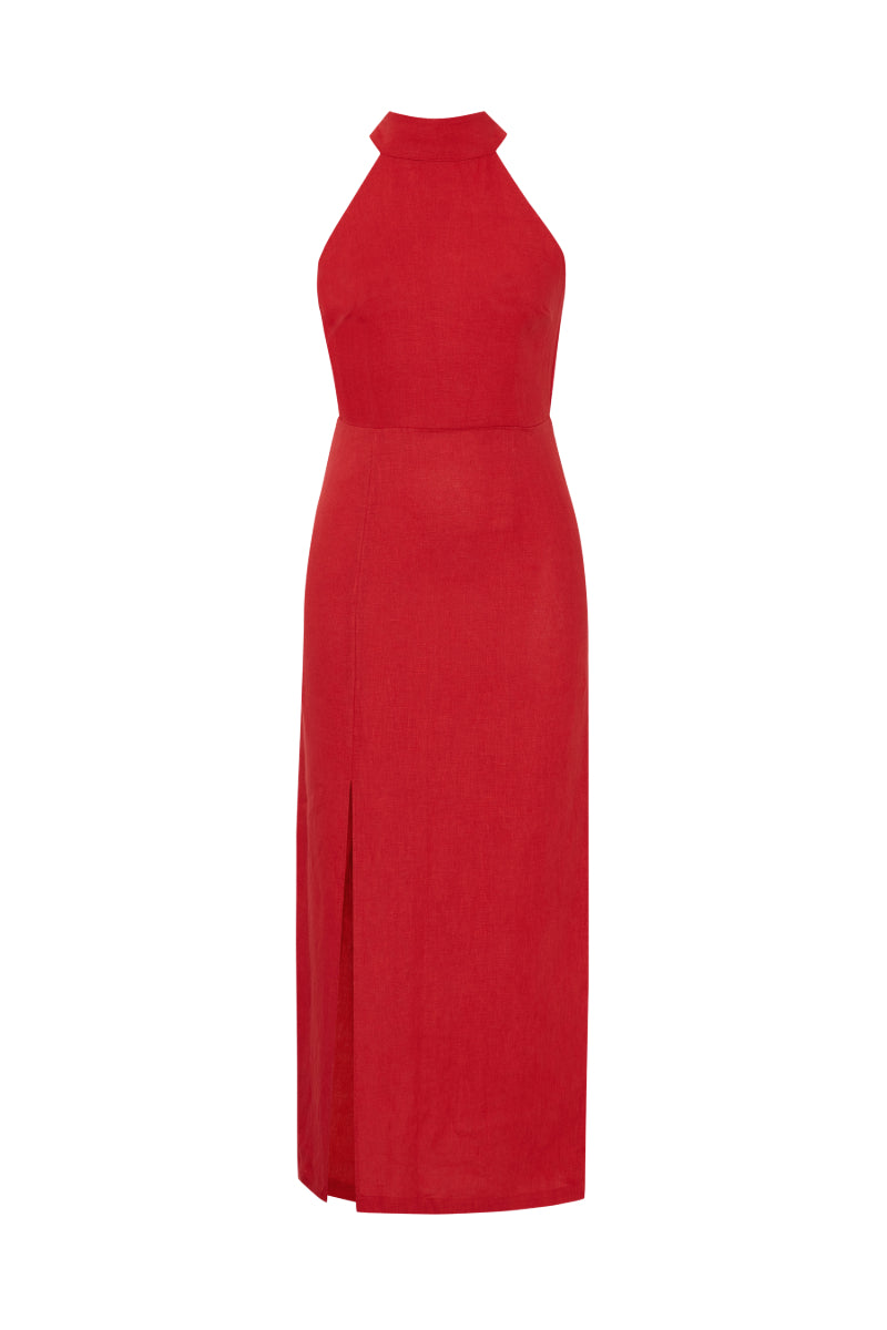 LAURA GOJI RED LINEN HALTER NECK MAXI DRESS - CULT MIA