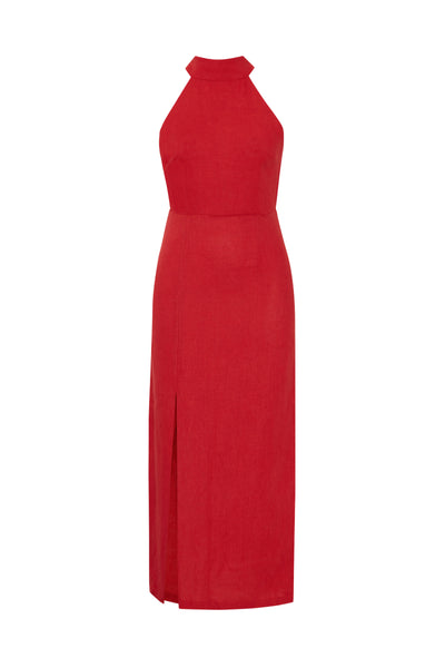 LAURA GOJI RED LINEN HALTER NECK MAXI DRESS | CULT MIA | Labeca