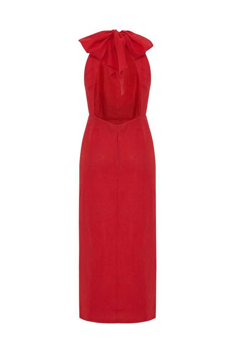 LAURA GOJI RED LINEN HALTER NECK MAXI DRESS - CULT MIA