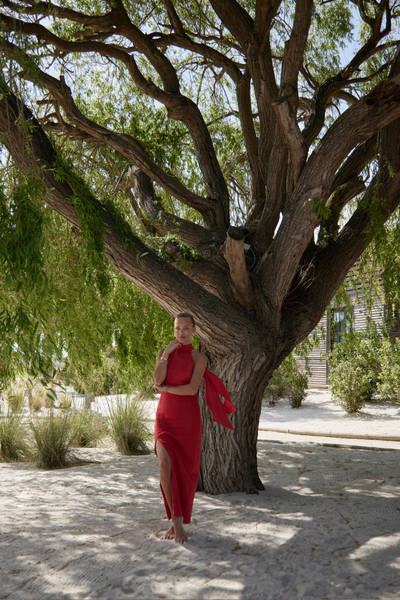 LAURA GOJI RED LINEN HALTER NECK MAXI DRESS - CULT MIA