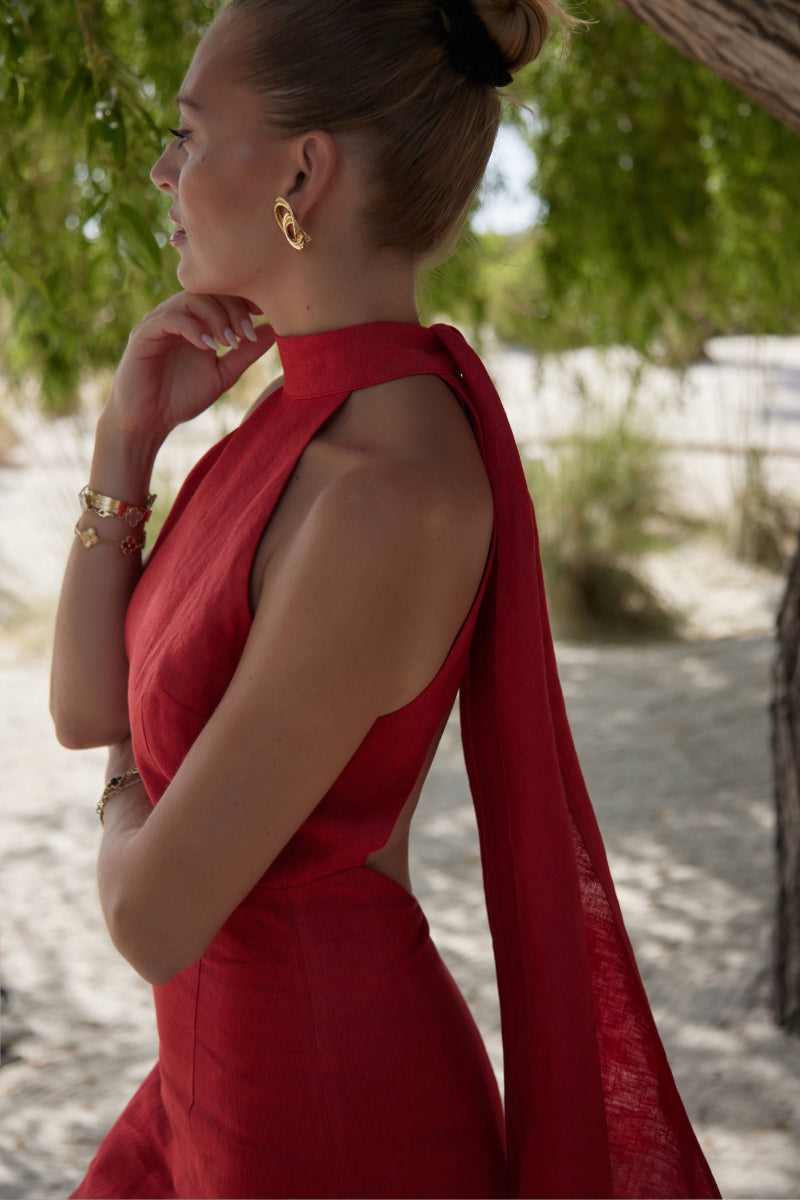 LAURA GOJI RED LINEN HALTER NECK MAXI DRESS - CULT MIA