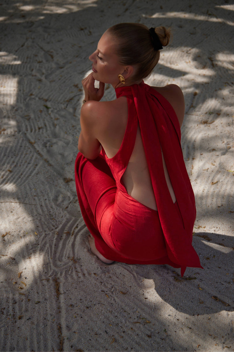 LAURA GOJI RED LINEN HALTER NECK MAXI DRESS - CULT MIA