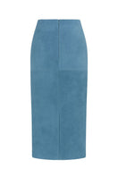 ZUT Laurel maxi skirt in jean blue, flowing fabric with a high waist and full-length design, styled for casual or dressier looks.