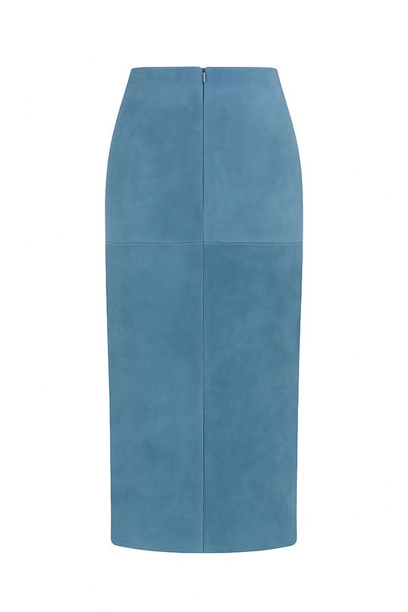 ZUT Laurel maxi skirt in jean blue, flowing fabric with a high waist and full-length design, styled for casual or dressier looks.