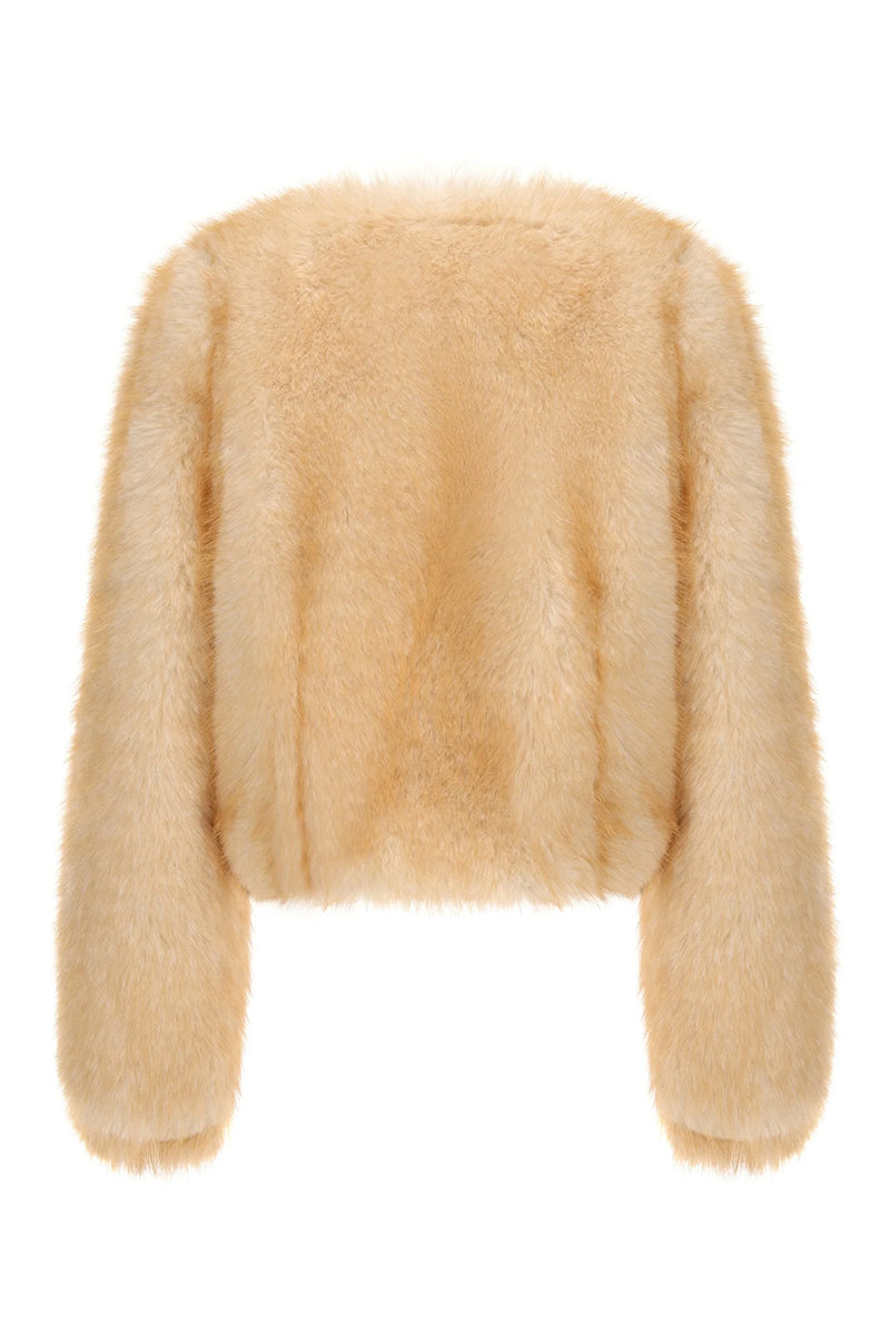 Nana Jacqueline Lavinia short faux fur jacket shown from the back, featuring plush fur texture and stylish design.
