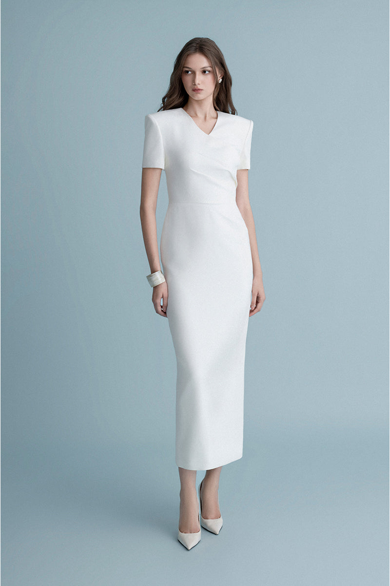 White LEKIEU BONN midi dress with layered fabric, stylish and elegant, perfect for casual or semi-formal occasions.