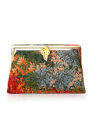 Multicolor Sarah's Bag LEAN ON AUTUMN FIELD GRACE clutch with leaf and floral design, featuring a textured fabric surface.