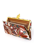 Multicolor leaf design clutch bag from Sarah's Bag in brown jungle-inspired pattern, featuring natural leaf motifs.