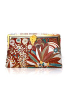 Multicolor Leaf of Brown Jungle Grace clutch by Sarah's Bag featuring a vibrant leaf design on a brown background.