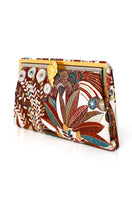 Multicolored leaf clutch from Sarah's Bag's Brown Jungle Grace collection, showcasing vibrant leaf design on a stylish accessory.