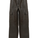 Khaki green leather cargo pants by Kris Marán with soldier-style pockets and a rugged, fashionable design.