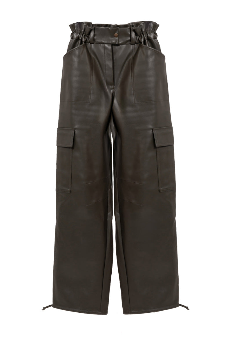 Khaki green leather cargo pants by Kris Marán with soldier-style pockets and a rugged, fashionable design.