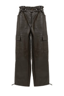 Khaki green leather cargo pants by Kris Marán with soldier-style pockets and a rugged, fashionable design.