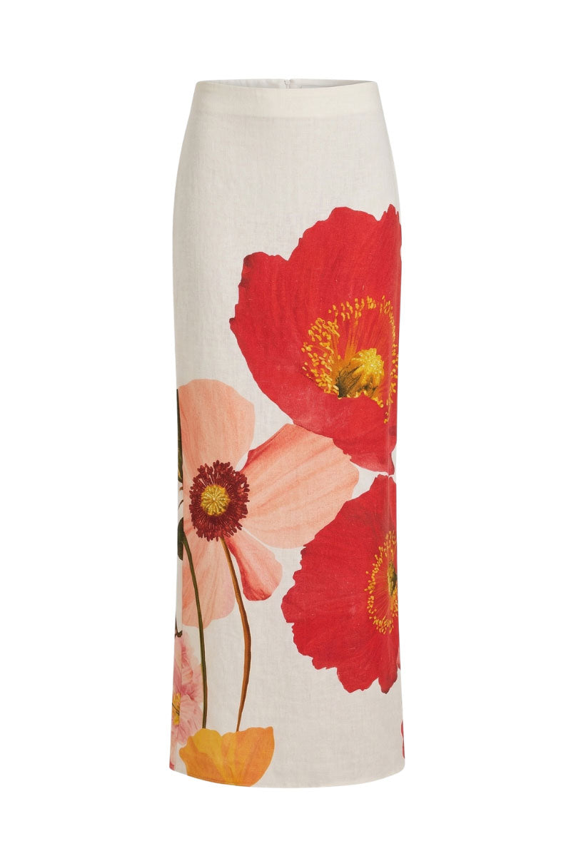 Summer Away REWA Maxi Skirt in Wild Bouquet with floral pattern, flowing fabric, styled with a white top.