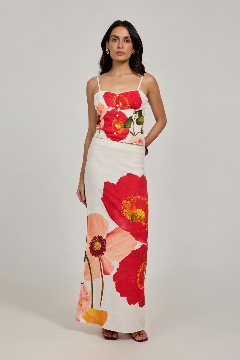 Summer Away REWA Maxi Skirt in Wild Bouquet print, flowing fabric with vibrant floral design, perfect for casual or dressy summer looks.
