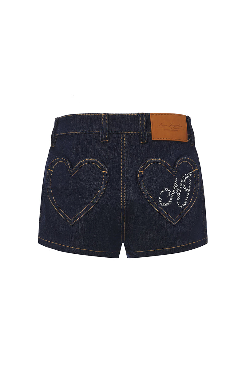 Back view of Nana Jacqueline Lexie shorts featuring heart-shaped pockets and a relaxed fit denim design.