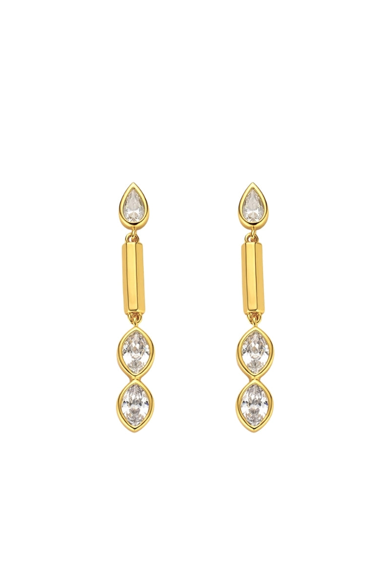 Small gold Lia HEX Drop earrings by Velvet Desert featuring geometric hexagon design and elegant dangle style.