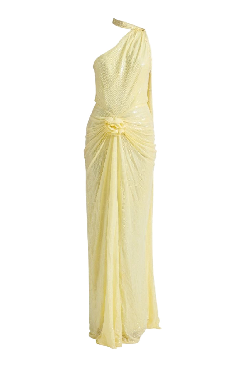 Lidia Lime Yellow Maxi Dress by Deme By Gabriella, flowing sleeveless dress with a V-neck and elegant design.