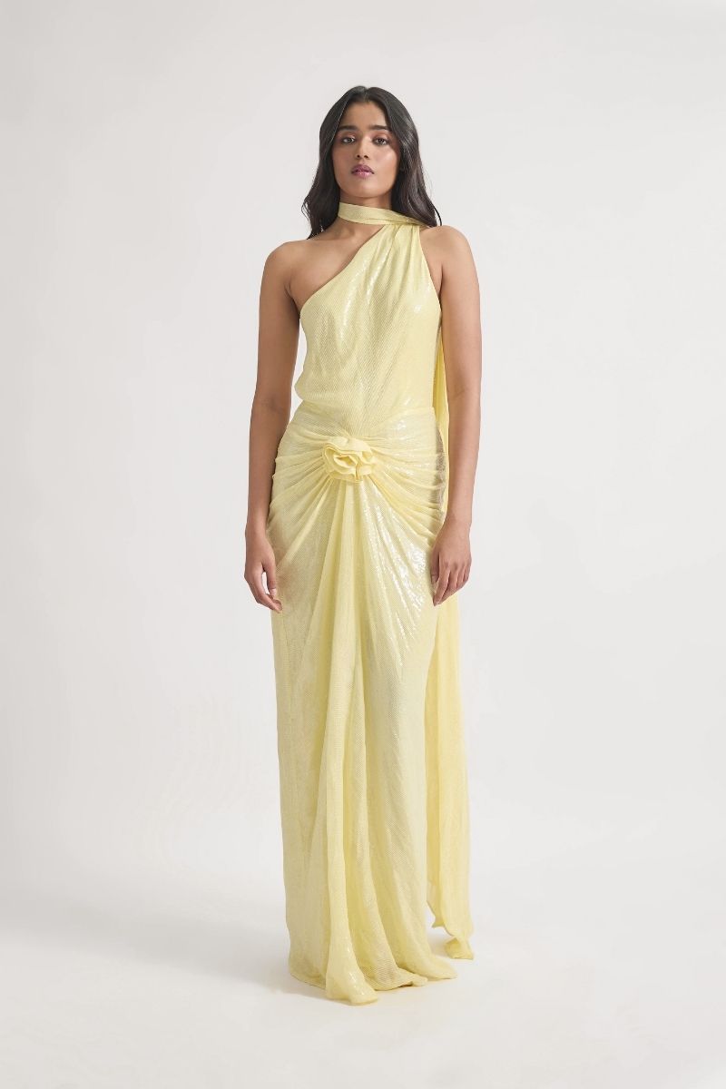 Deme By Gabriella LIDIA lime yellow maxi dress with flowing fabric and sleeveless design, perfect for warm weather.
