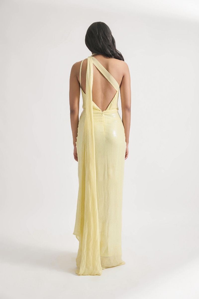 Lidia Lime Yellow Maxi Dress by Deme By Gabriella, flowing fabric with a fitted bodice and sleeveless design.