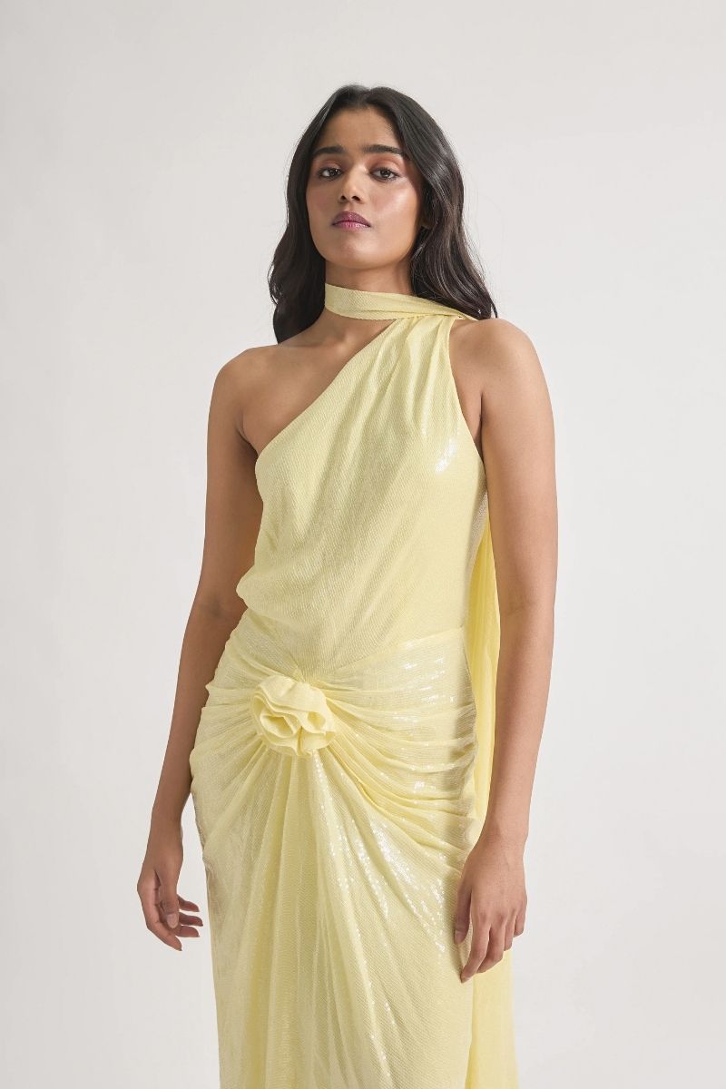 Deme By Gabriella LIDIA lime yellow maxi dress with flowing fabric and sleeveless design, perfect for summer occasions.