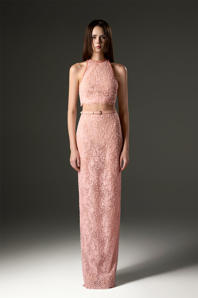 HALTER MESH LACE TOP AND SKIRT SET IN PINK - CULT MIA