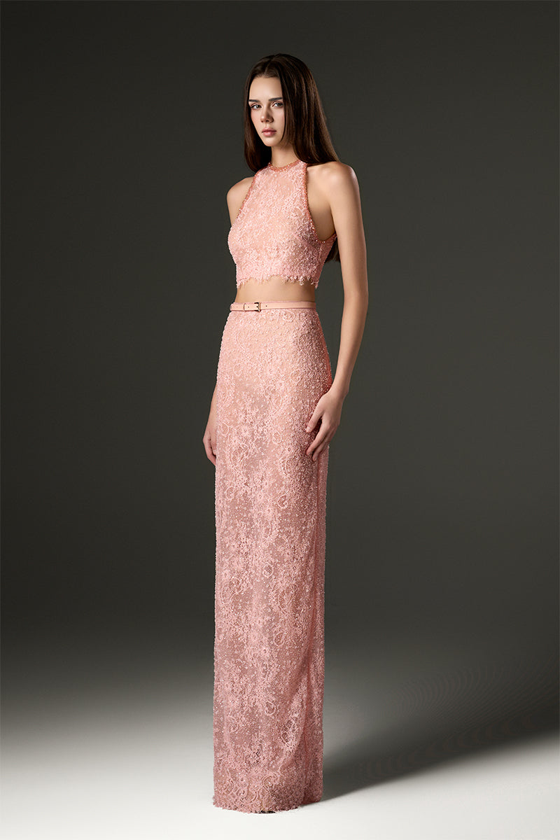 HALTER MESH LACE TOP AND SKIRT SET IN PINK - CULT MIA