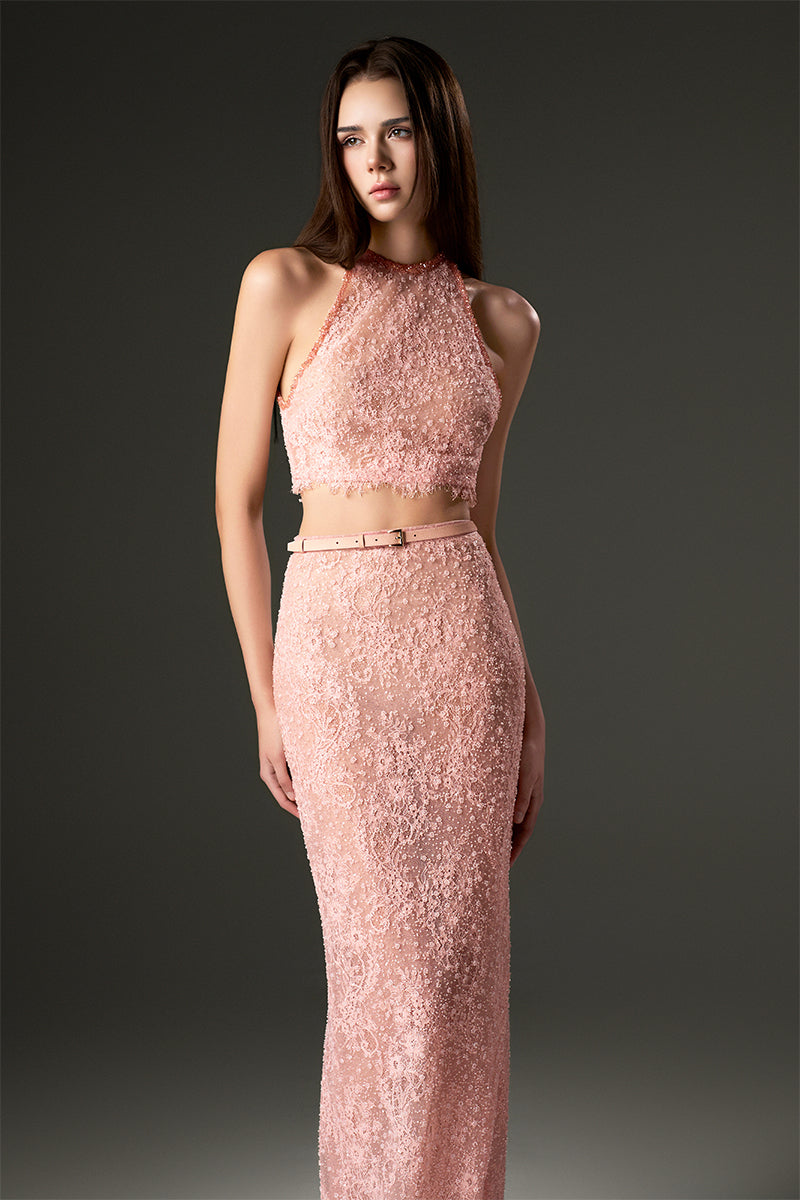 Light pink halter mesh lace top and skirt co-ord set by I.H.F Studio with petite sequin embellishments on the top.