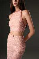 Light pink halter mesh lace top and skirt co-ord set from I.H.F Studio with petite sequin embellishments.