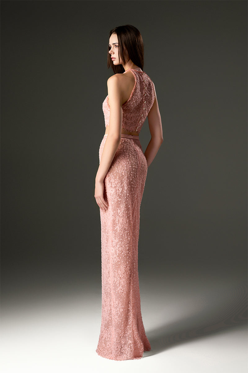 Light pink halter mesh lace top and skirt co-ord set by I.H.F Studio with petite sequin embellishments.