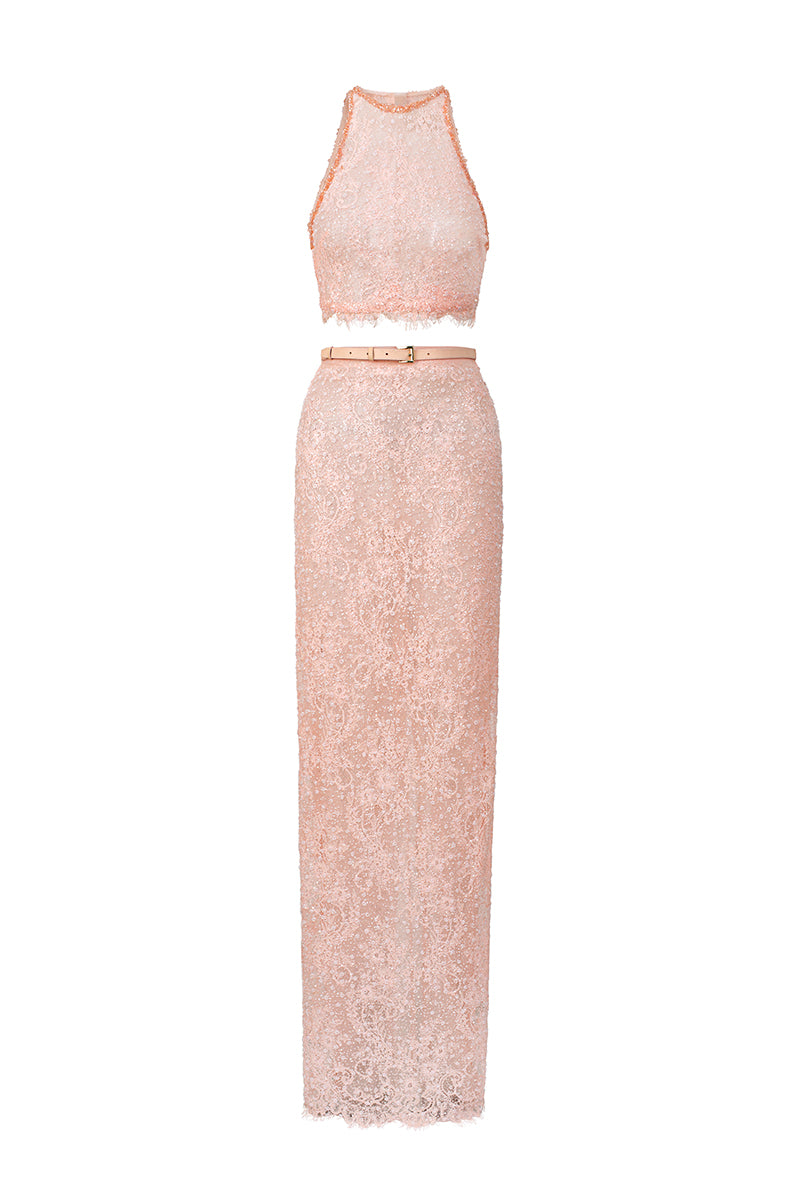Light pink mesh lace halter top and skirt set by I.H.F Studio featuring petite sequin embellishments and a stylish co-ord design.