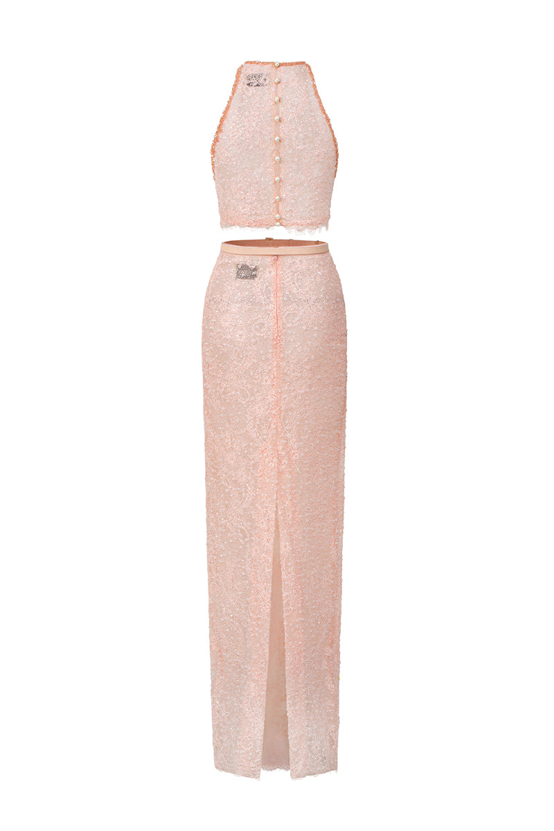 Light pink halter mesh lace top and skirt co-ords set from I.H.F Studio with petite sequin embellishments and stylish design.