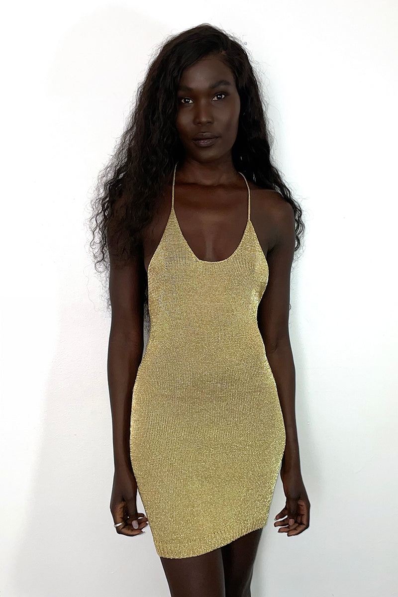 LIGHT GOLD SPARKLY KNIT MINI DRESS - CULT MIA