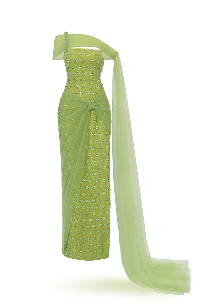 LIGHT GREEN CRYSTAL MAXI DRESS IN GREEN - CULT MIA