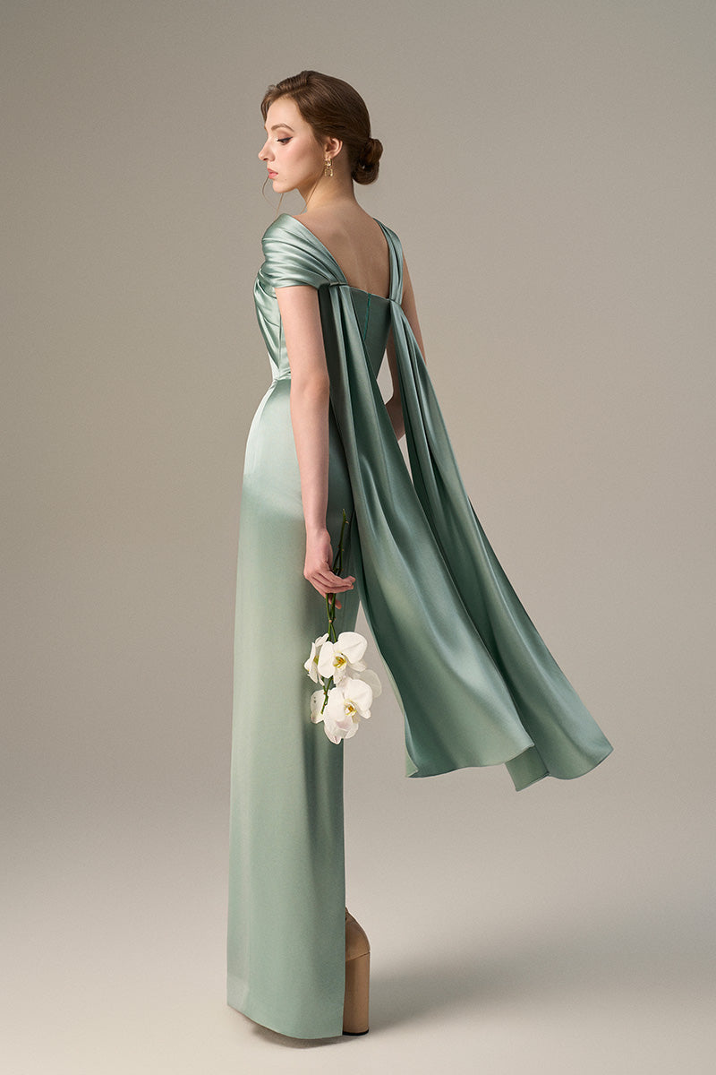 Light green satin silk maxi dress with twisted cross detail and pleated drape from I.H.F.