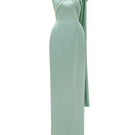 Light green satin silk gown by I.H.F featuring a twisted cross design and pleated drape for elegant evening wear.