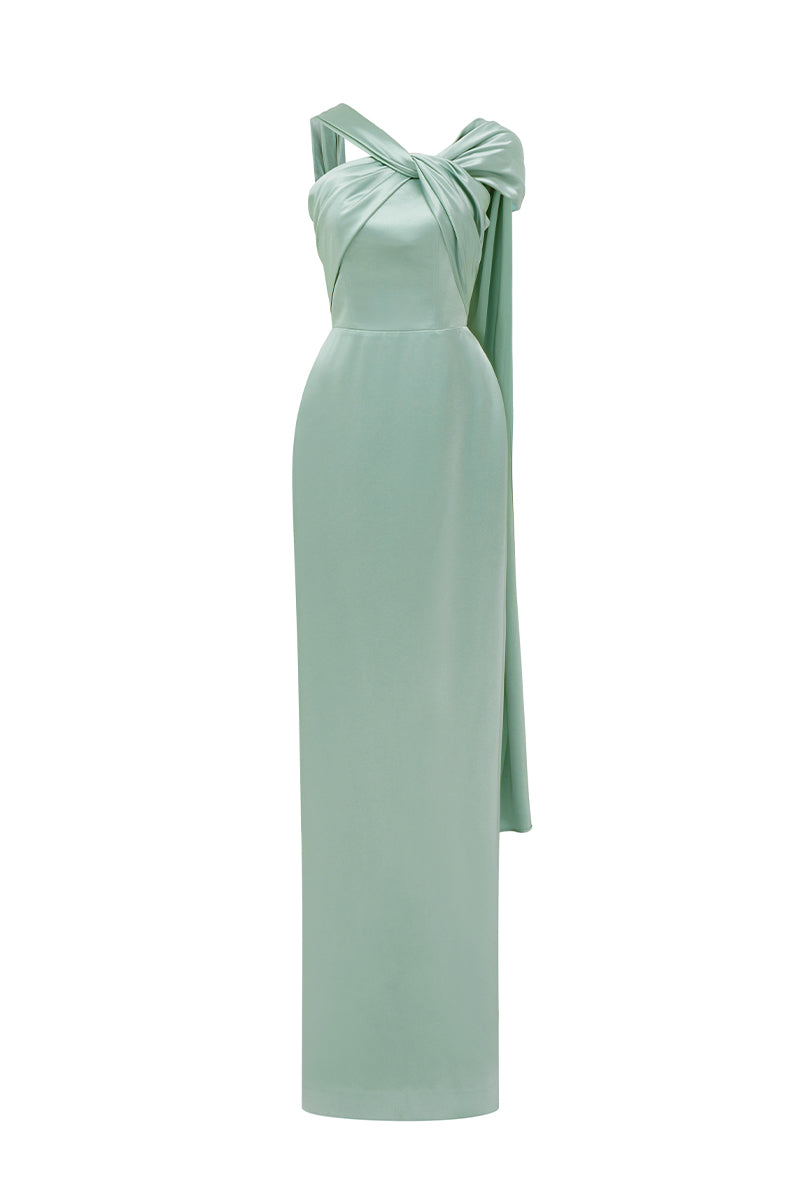 MINT SATIN SILK DRESS WITH TWISTED CROSS AND PLEATED DRAPE | CULT MIA