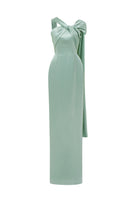 Light green satin silk gown by I.H.F featuring a twisted cross design and pleated drape for elegant evening wear.