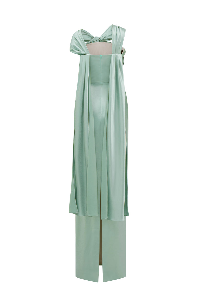 Light green satin silk maxi dress by I.H.F featuring a twisted cross design and pleated drape for elegant style.