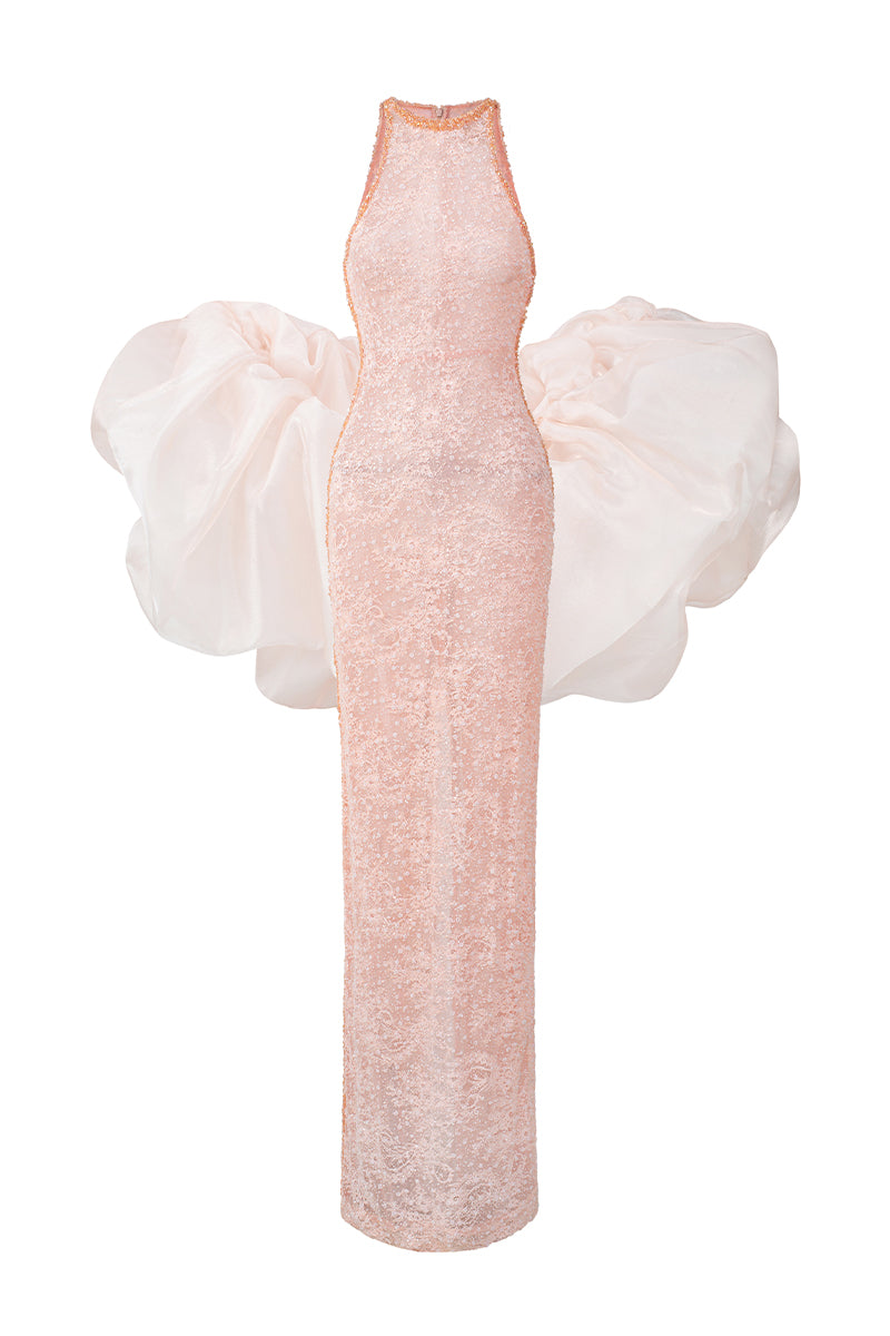 HALTER MESH LACE MAXI DRESS IN PINK - CULT MIA