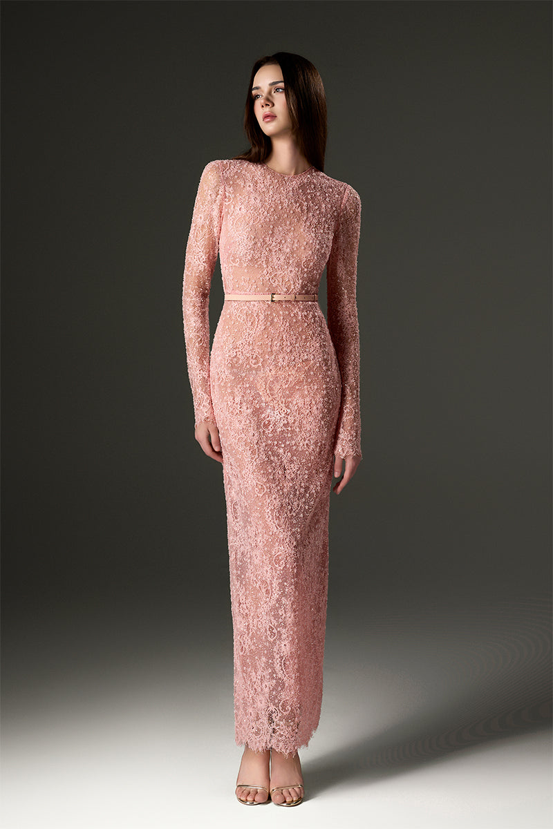 LONG SLEEVE MESH LACE MIDI DRESS IN PINK - CULT MIA