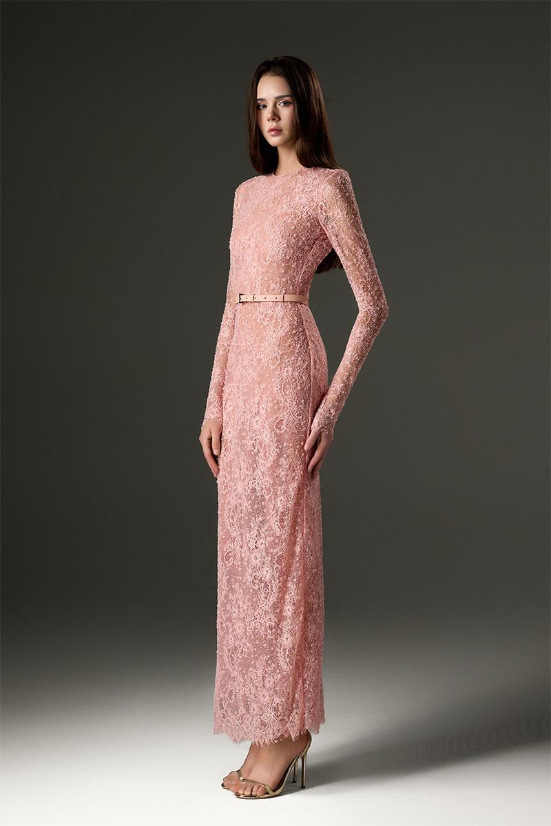 Light pink long sleeve mesh lace midi dress with sequin embellishments by I.H.F Studio, stylish and elegant for special occasions.
